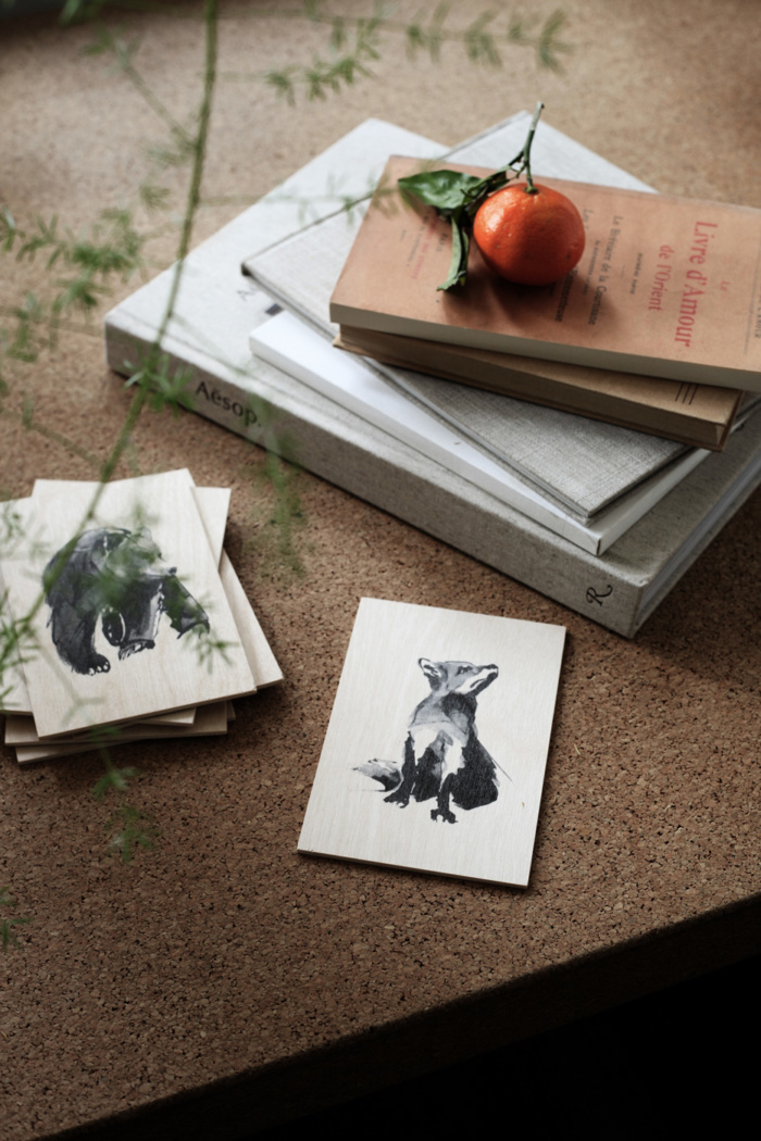 Fox and bear plywood art cards