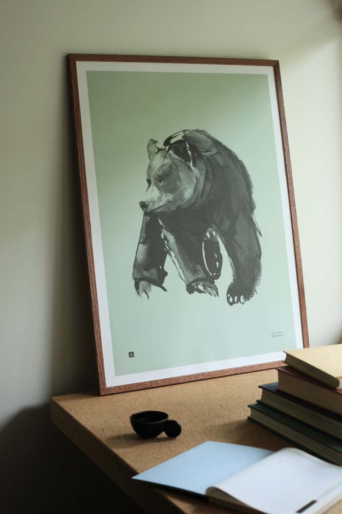 Mint green Gentle Bear Art Print on a wooden frame